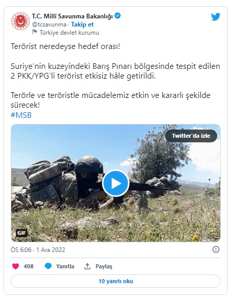 Milli Savunma Bakanlığı: Barış Pınarı bölgesinde iki PKK/YPG'li terörist etkisiz hale getirildi!